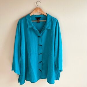 Ali Miles Sz 2X Button Tunic Womens Blue Button Crinkle Texture Artsy Blouse
